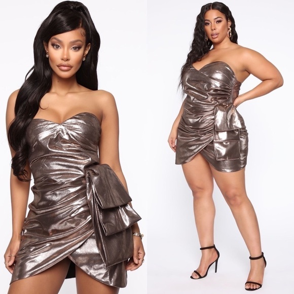 NWT Metallic Gold Sweetheart Neck Strapless Ruched Draped Bow Mini Dress 1x - Picture 3 of 8